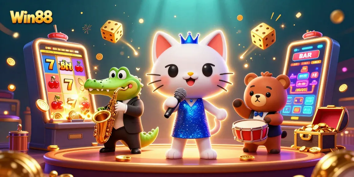 Win88 showcases a vibrant casino scene with a jazz-singing cat and colorful slot machine action.