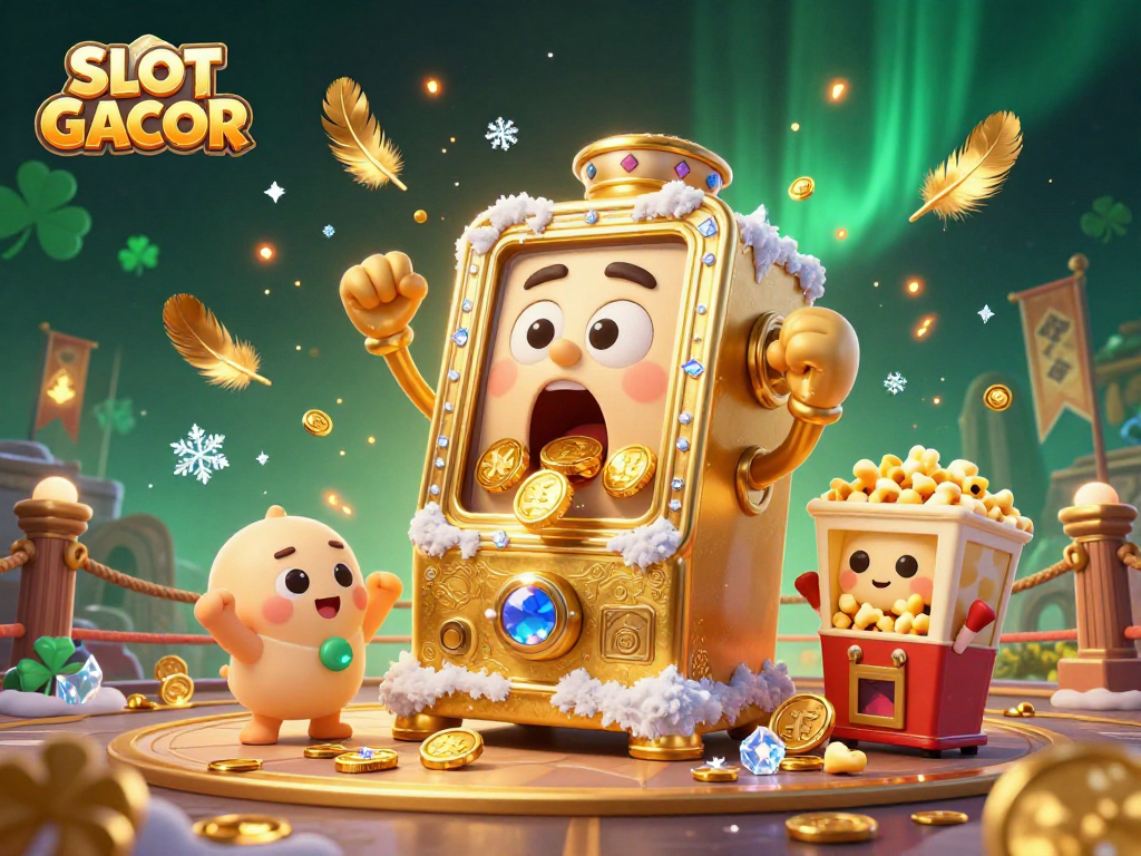 Experience SLOT GACOR excitement as the animated slot machine hits a jackpot, showering coins and engaging in dynamic casino action.
