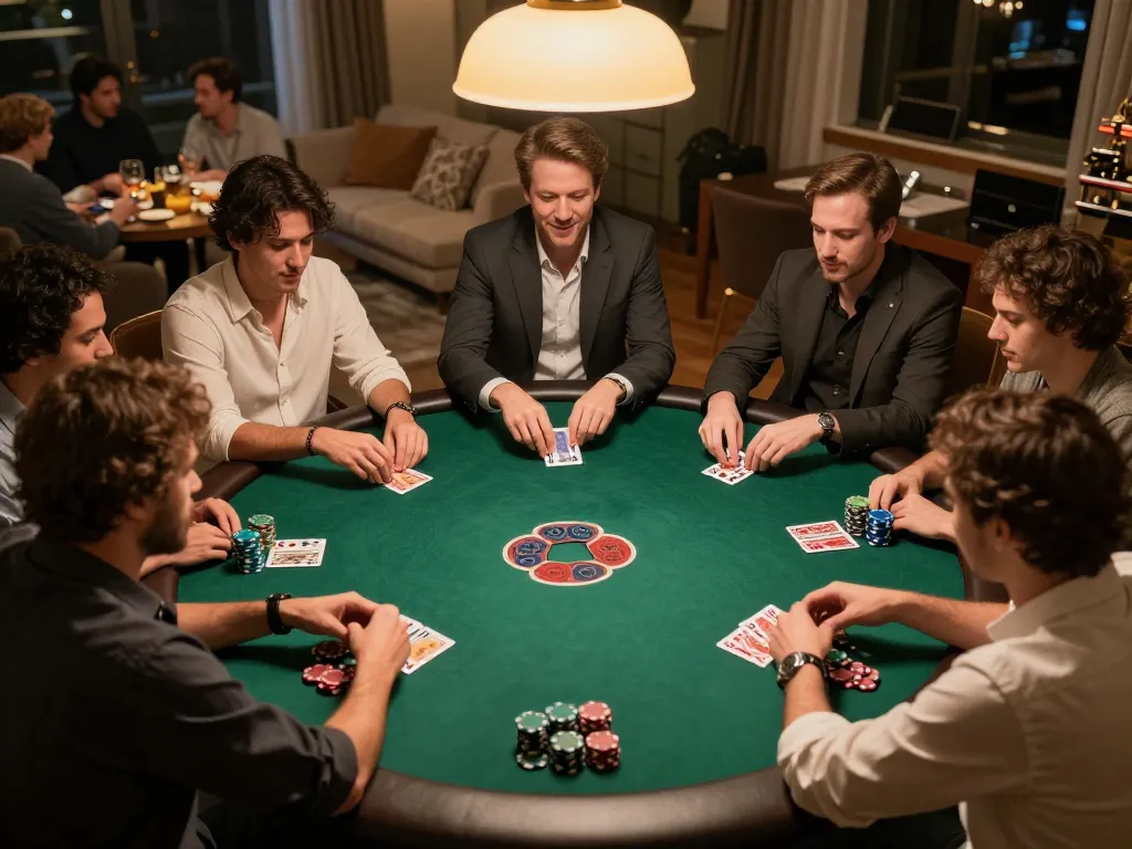 Engaging poker night scene showcasing caricature Chatgpt prompts, friends enjoying strategy gameplay.