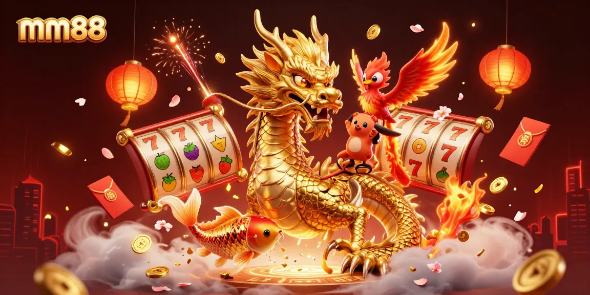 Experience excitement and winning at mm88 with a vibrant casino illustration of epic characters and symbols.