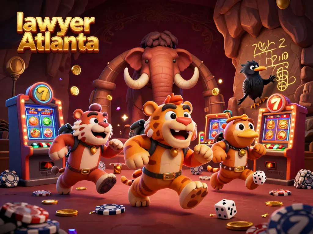 Win big with lawyer Atlanta at a lively prehistoric casino featuring a caveman and sabertooth tiger.