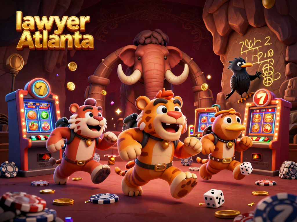 Win big with lawyer Atlanta at a lively prehistoric casino featuring a caveman and sabertooth tiger.