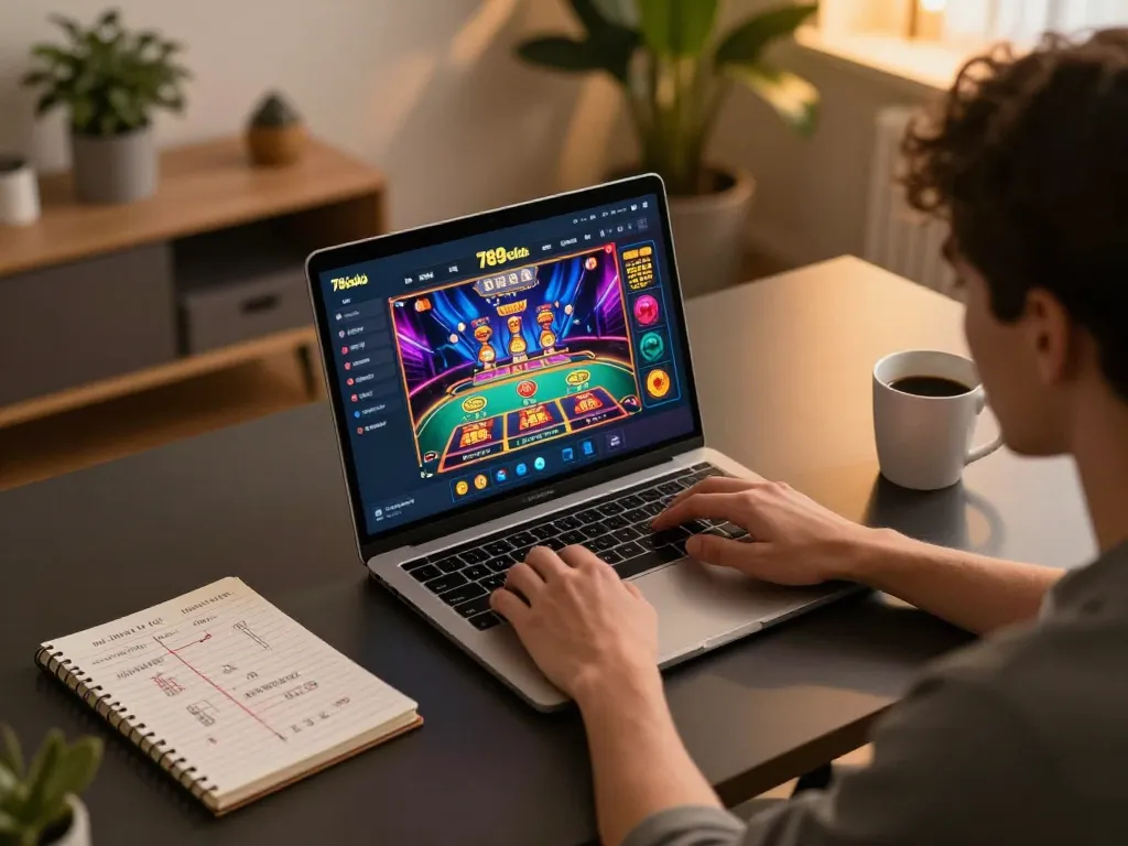 Engaging online gambling experience at 789club with player strategizing on a laptop