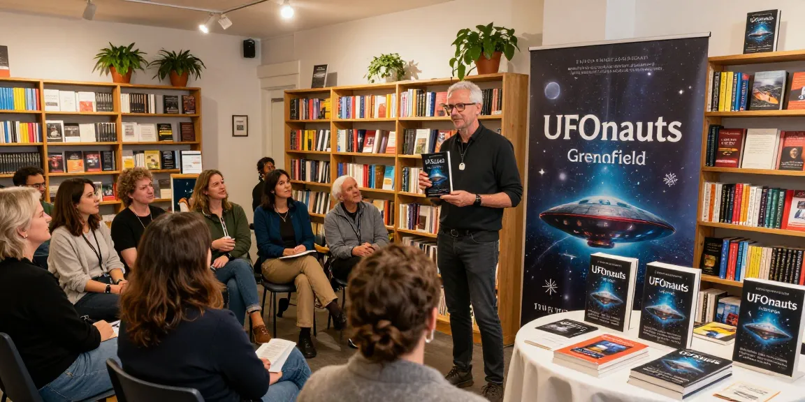 Award-winning author T Allen Greenfield at a book launch for UFOnauts at https://tallengreenfield.com, engaging with an audience in a cozy bookstore.