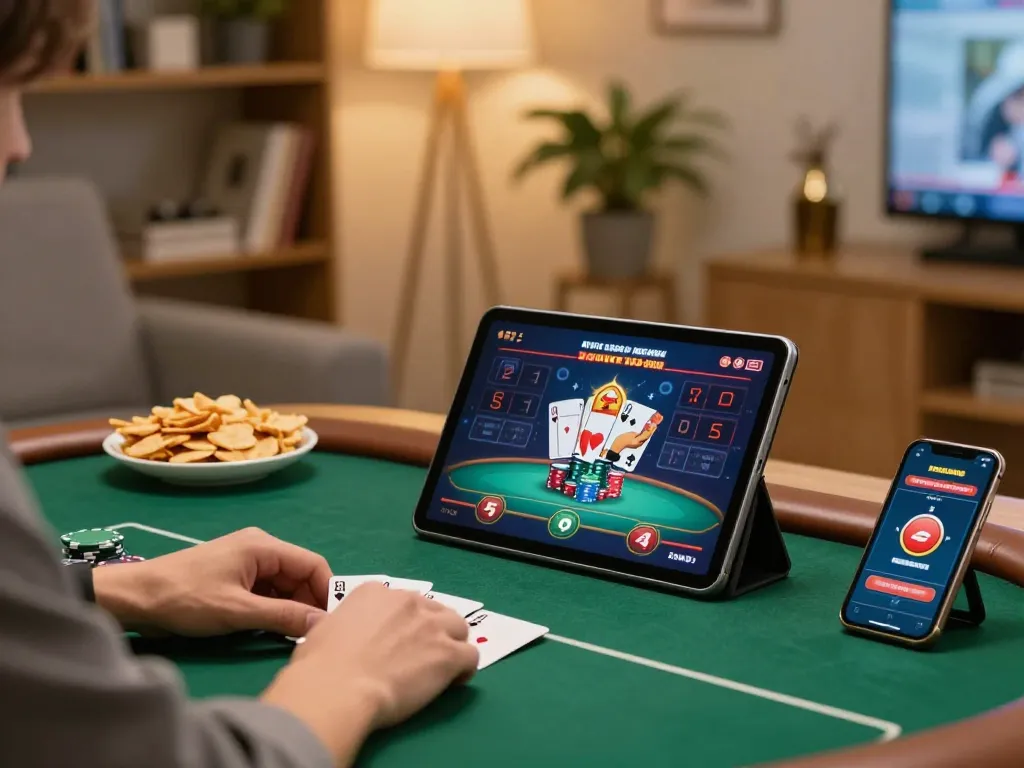 Player exploring king33 online poker options on a tablet in a cozy home environment.
