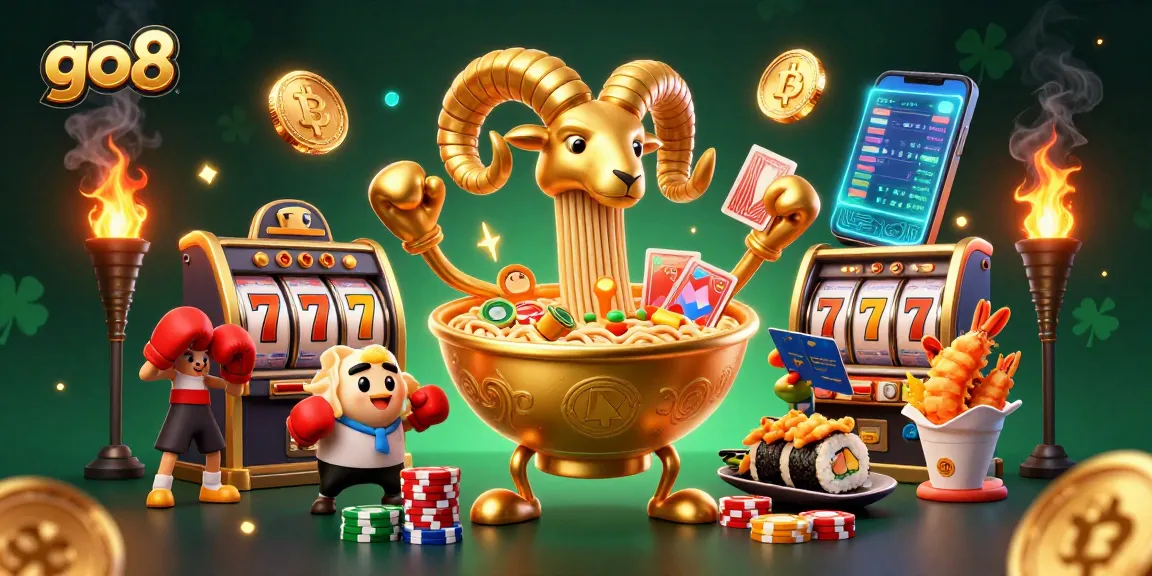 Experience excitement at go8's casino with a vibrant 3D scene filled with animated characters and slot reels.