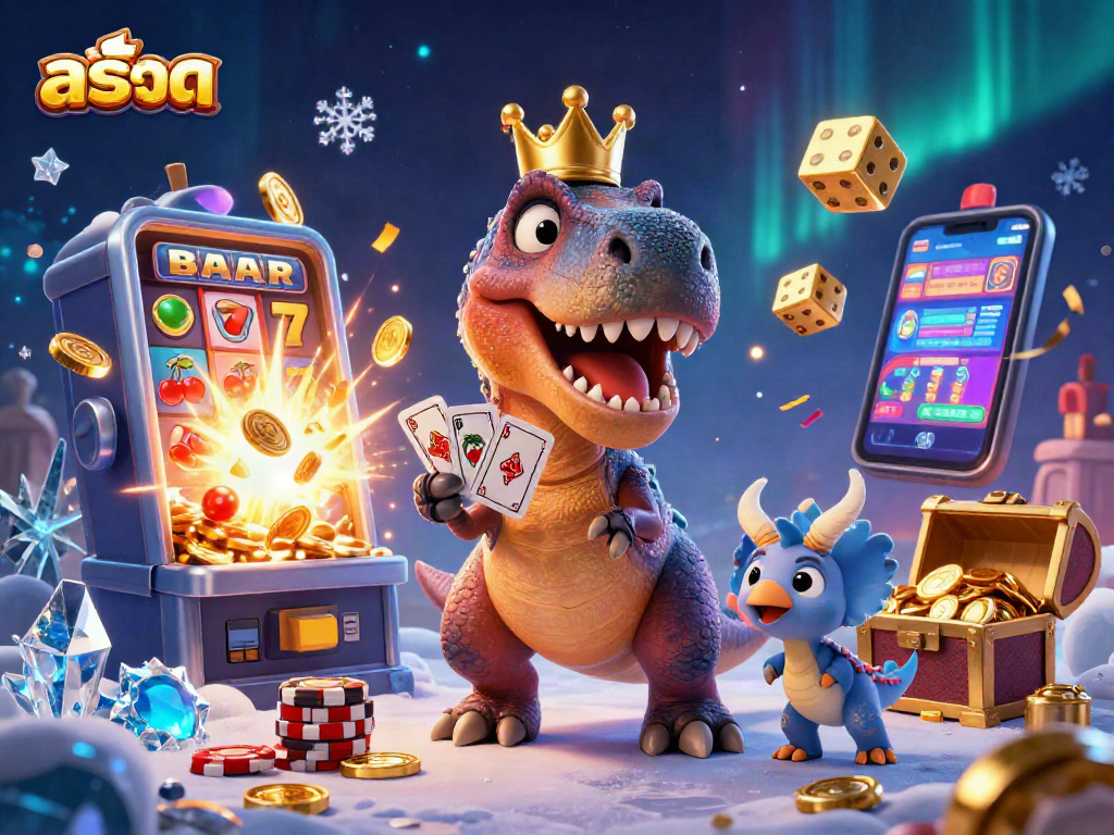 Experience exciting สล็อต action with a T-Rex shuffling cards and a bonus slot machine bursting with coins.
