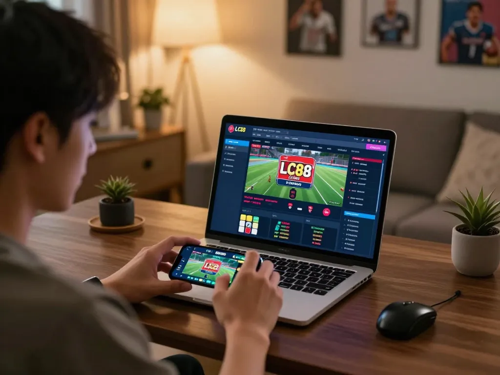 Engaging in mobile sports betting with LC88 app on a smartphone at home desk