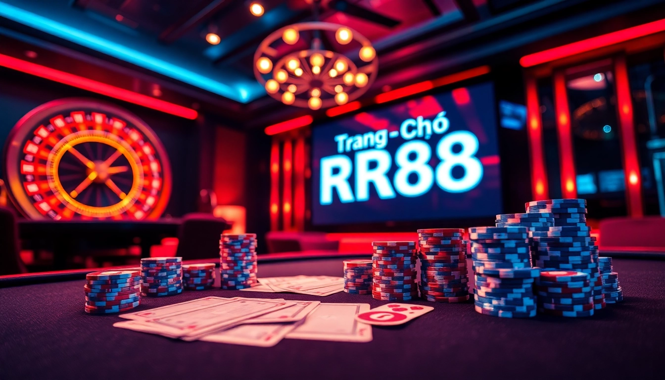 Experience the thrill of gambling at Trang Chủ RR88 with vibrant casino tables and exciting gameplay elements.