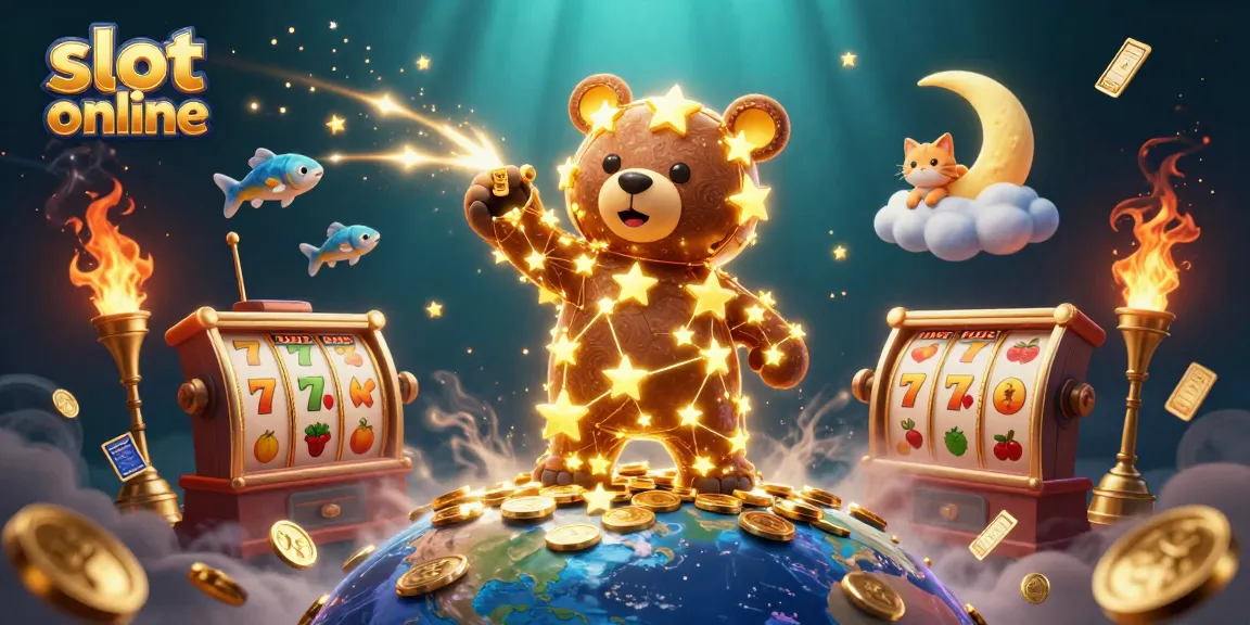 Experience the thrill of slot online with our captivating illustration featuring jackpot reels and cosmic characters.