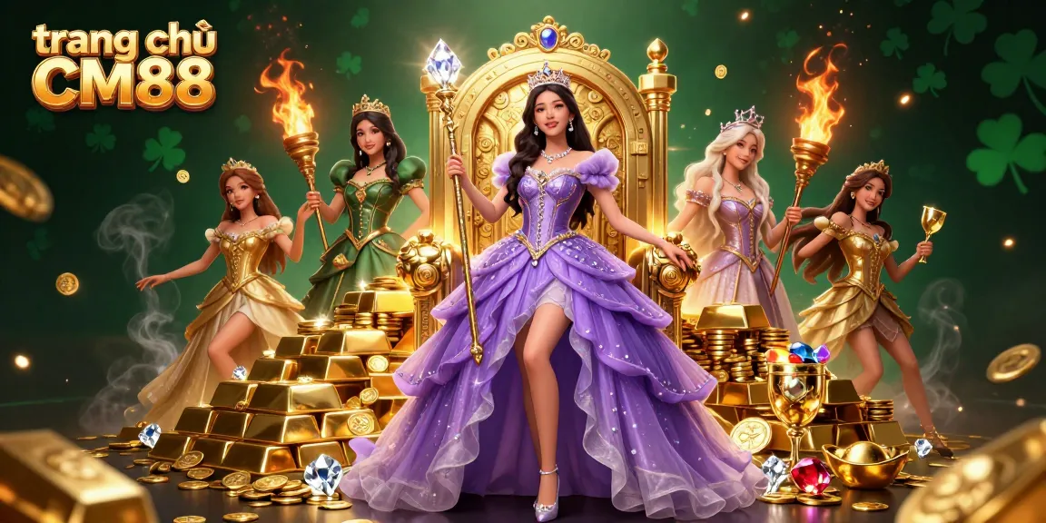 Play exciting games at trang chủ CM88, featuring a regal princess surrounded by gold and jewels, creating a thrilling atmosphere.