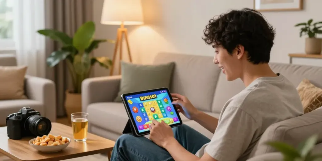 Vibrant living room scene showcasing Bingo app download apk being played on a tablet with lively visuals and snacks.
