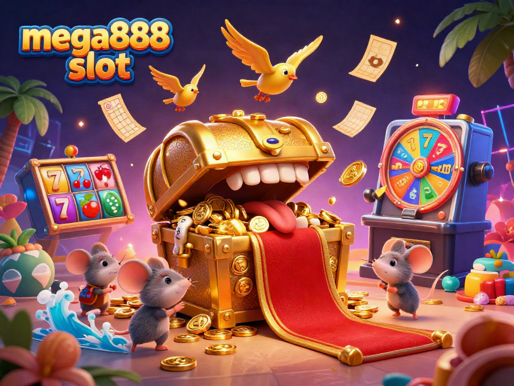 Experience the excitement of mega888 slot with a treasure chest luring adventurer mice amidst vibrant casino elements.