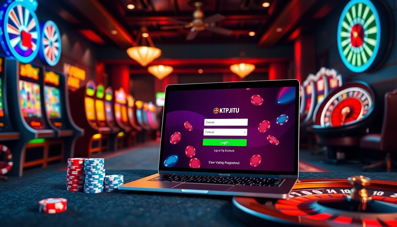 KTPJITU login page displayed on a laptop amidst casino elements, inviting players to experience online gambling.