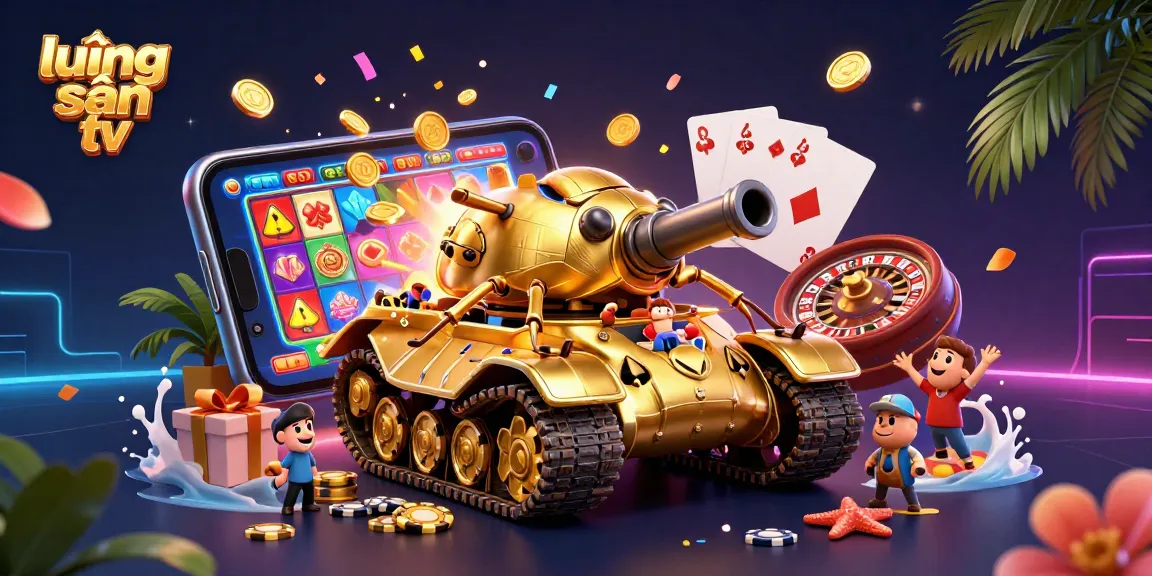 Lương Sơn TV showcases an energetic gaming experience with a vibrant golden beetle tank and mini casino elements.