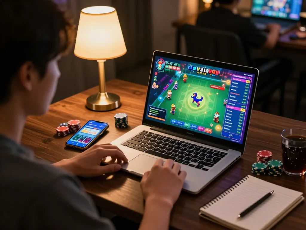 Engaging online gaming with Tempo 123, showcasing a player immersed in Mahjong Ways on a laptop.
