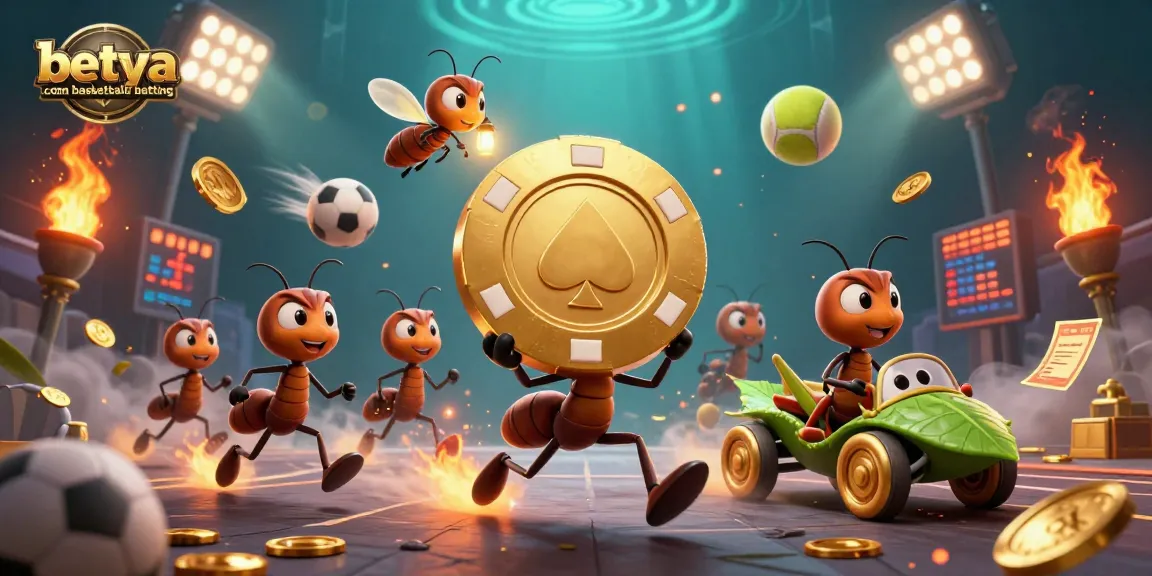 Engage with betya.com basketball betting through a vibrant 3D illustration of ants and sports elements.