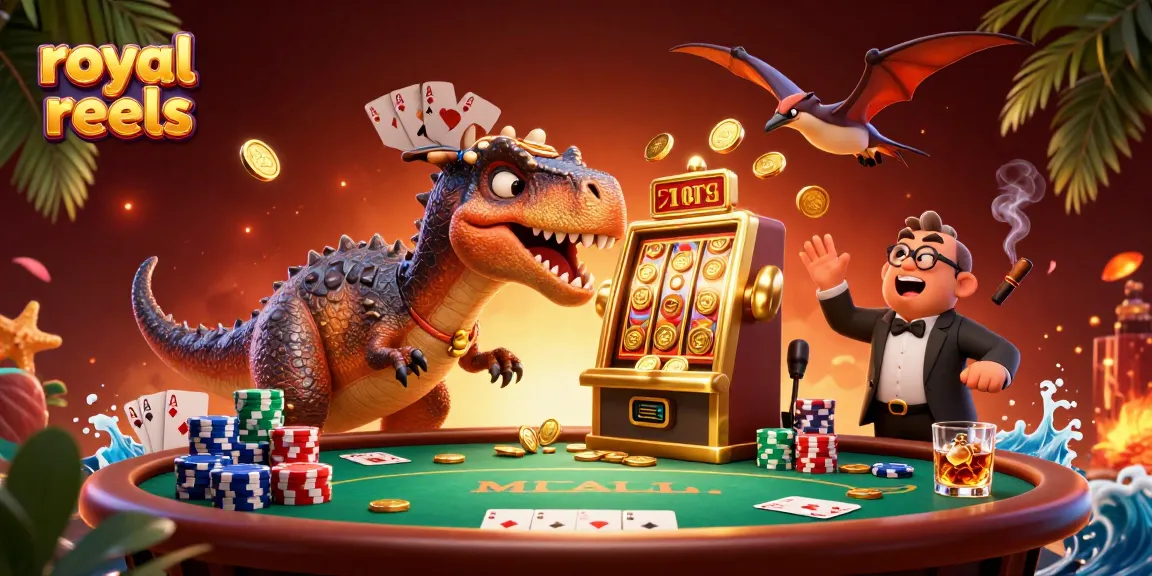 Experience royal reels excitement as cartoon dinosaurs celebrate jackpot wins at a casino.
