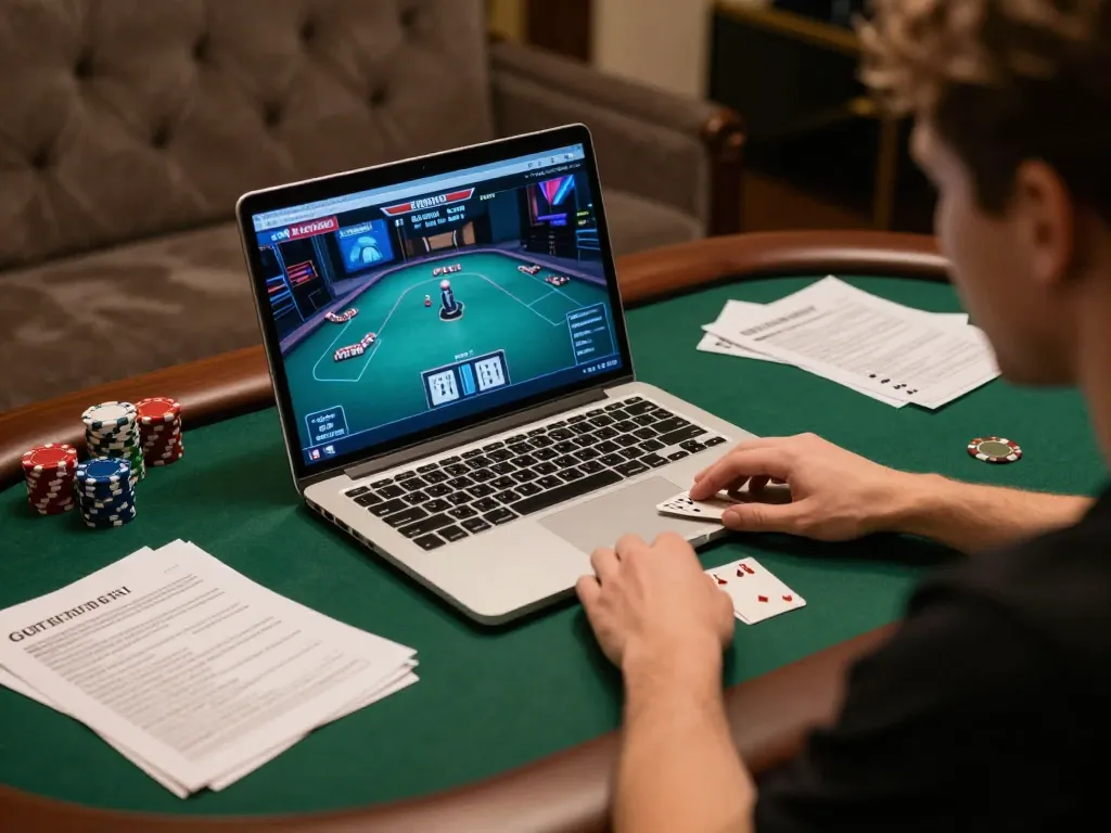 person playing online poker on laptop while using lsa strategy notes for better odds gain