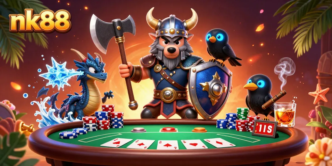 Engage in thrilling poker action with nk88 featuring a Viking wolf warrior, dragon, and vibrant game elements.