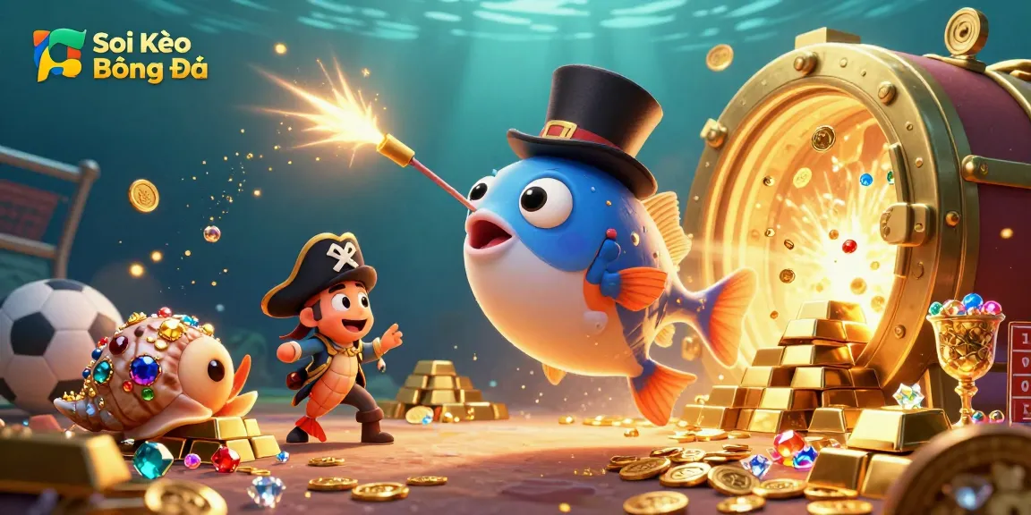Soi Kèo Bóng Đá unveils an exciting underwater sports betting adventure with whimsical characters and vibrant treasures.