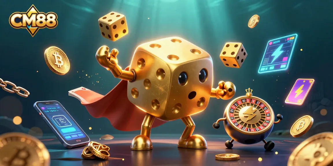 Engage with CM88's thrilling gambling experience as golden dice and crypto elements light up the scene.