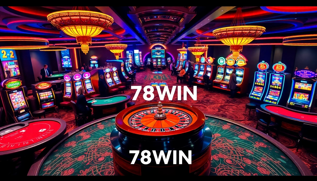 Gamblers enjoying a thrilling game night at 78WIN casino, featuring roulette and slot machines.