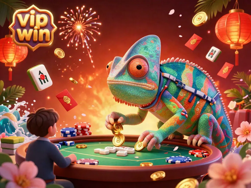 Engage in the vibrant world of vip win featuring a dynamic chameleon casino owner amidst thrilling gaming elements.