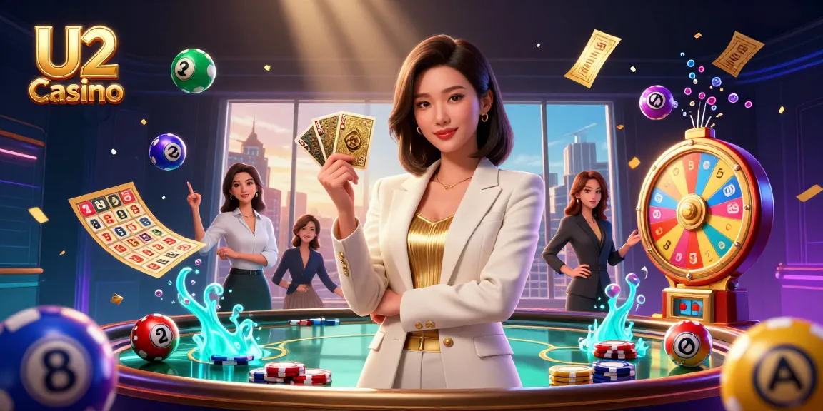 Experience U2 Casino with vibrant games and a powerful business-woman ready to deal winning cards.