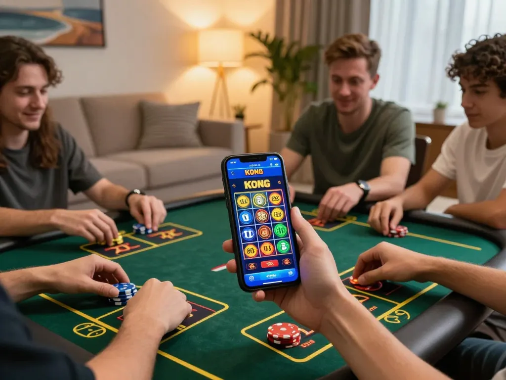 KONG 88 app interface displayed on smartphone while players place bets at home online casino.