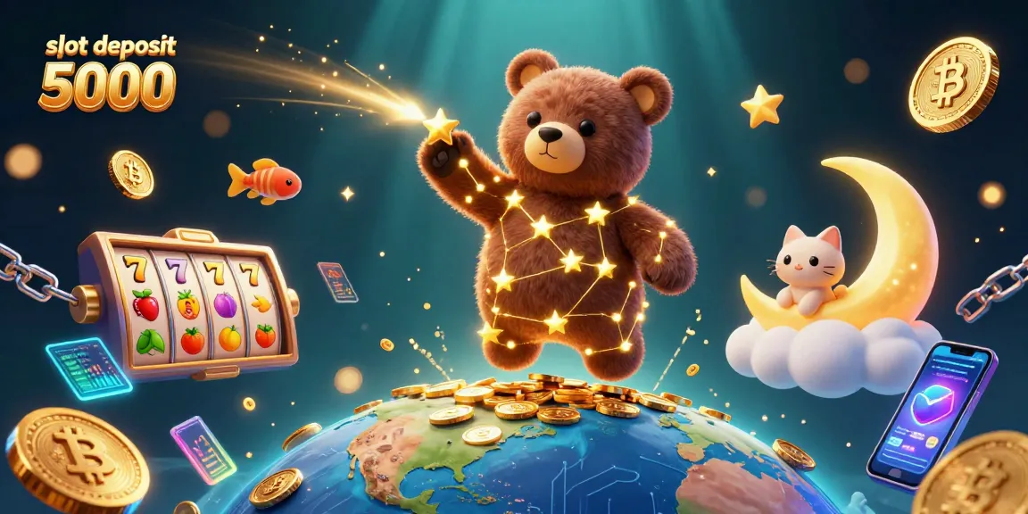 Experience thrilling wins with slot deposit 5000, illuminated by neon coins and vibrant gaming symbols.