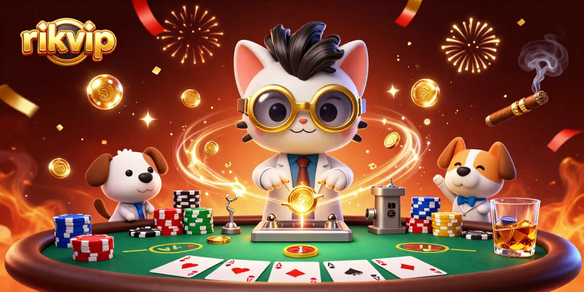 Engage with rikvip online gaming featuring a playful 3D mad scientist cat and dog amidst a vibrant casino scene.
