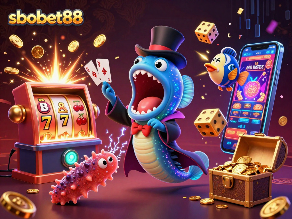 SBOBET88 engages players with vibrant card tricks and casino thrills in a magical underwater scene.