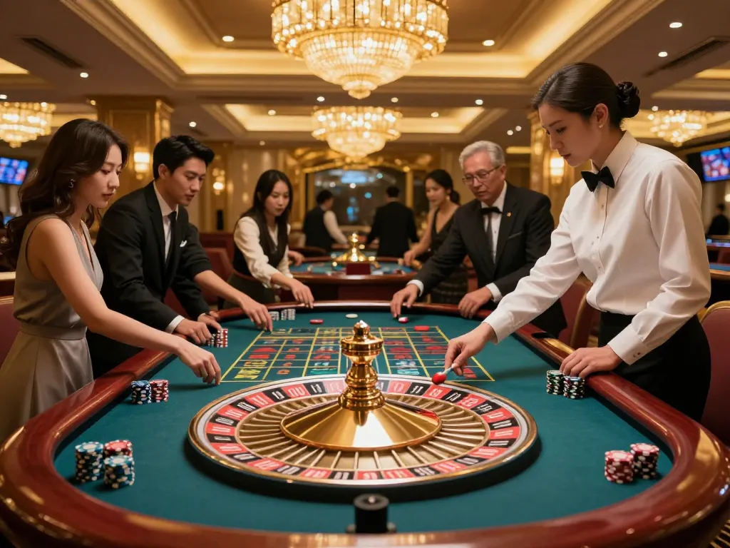 11win players excitedly placing bets at a luxury roulette table in a vibrant casino