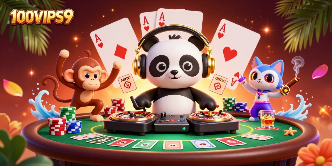 Experience the excitement at 100VIPS9 with a vivid party scene featuring characters engaging in high-energy casino games and vibrant atmospheres.