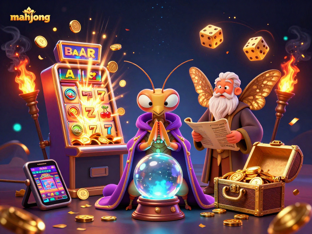 Experience mahjong gaming excitement with colorful slots, golden treasures, and a mystical atmosphere.