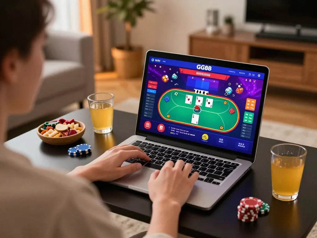 Engaging with GG88 online casino game on laptop in a cozy home environment