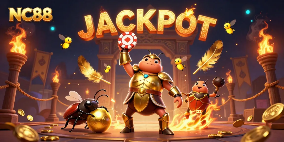 Experience the thrill of NC88 casino with a victorious beetle lifting a poker chip amidst a vibrant scene.
