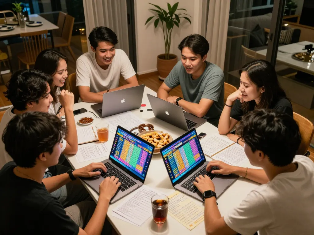 Engaged players enjoying an online Togel Singapore game in a cozy living room setting