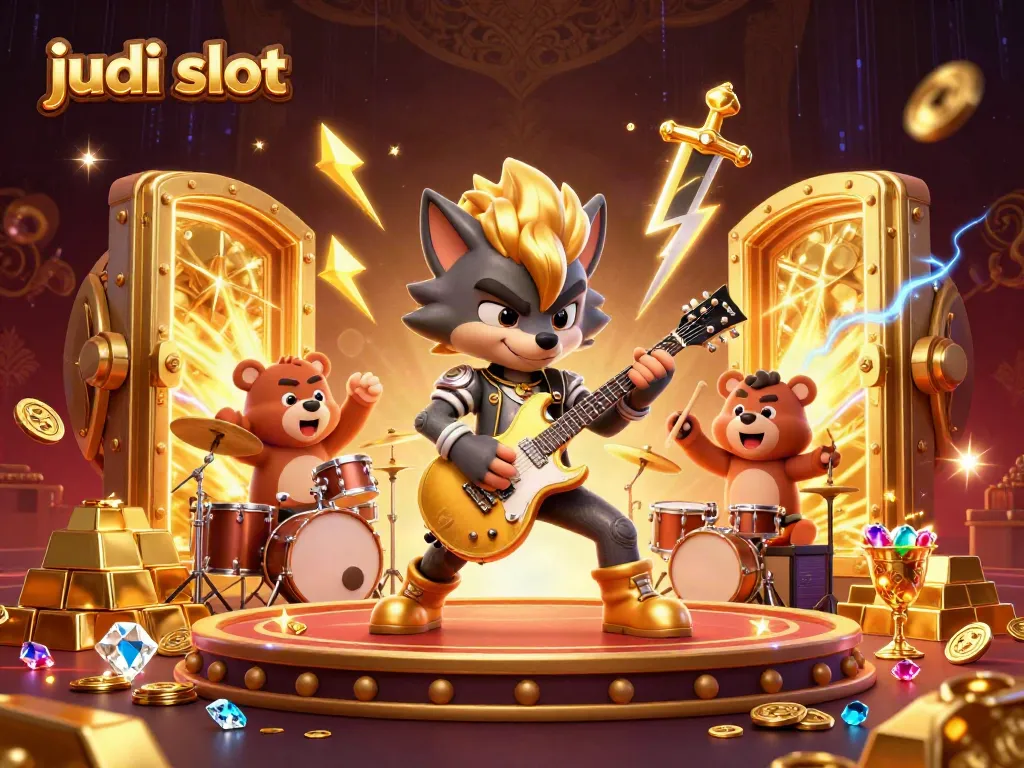 Permainan judi slot dipenuhi gemerlap harta karun dan karakter menarik, menciptakan suasana kasino yang hidup.