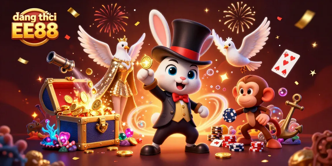 Play exciting games and register for EE88 with golden coins and poker chips in a vibrant casino scene.