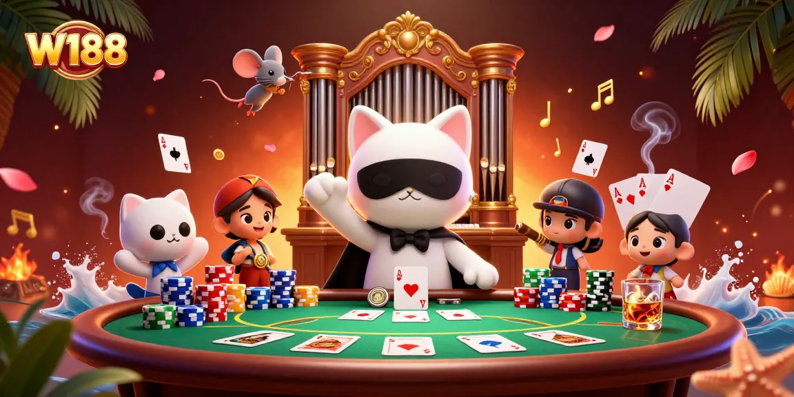 W188's vibrant casino scene showcasing a phantom cat, poker chips, and acrobatic mouse in action.