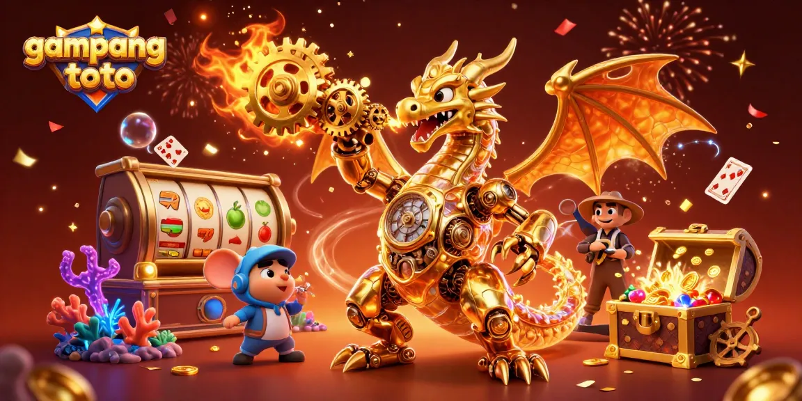 Engage in exciting gameplay at gampangtoto with a vibrant illustration of a golden dragon and extravagant casino elements.