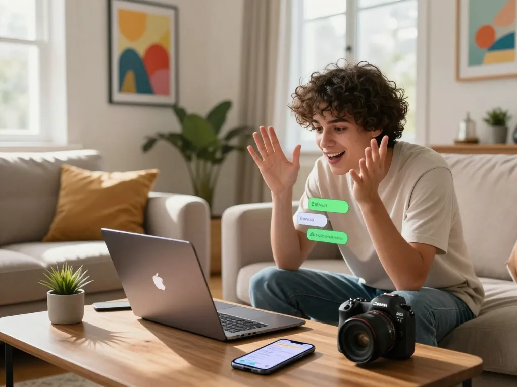 User enjoying a free AI sex chat experience on a laptop in a cozy modern living room