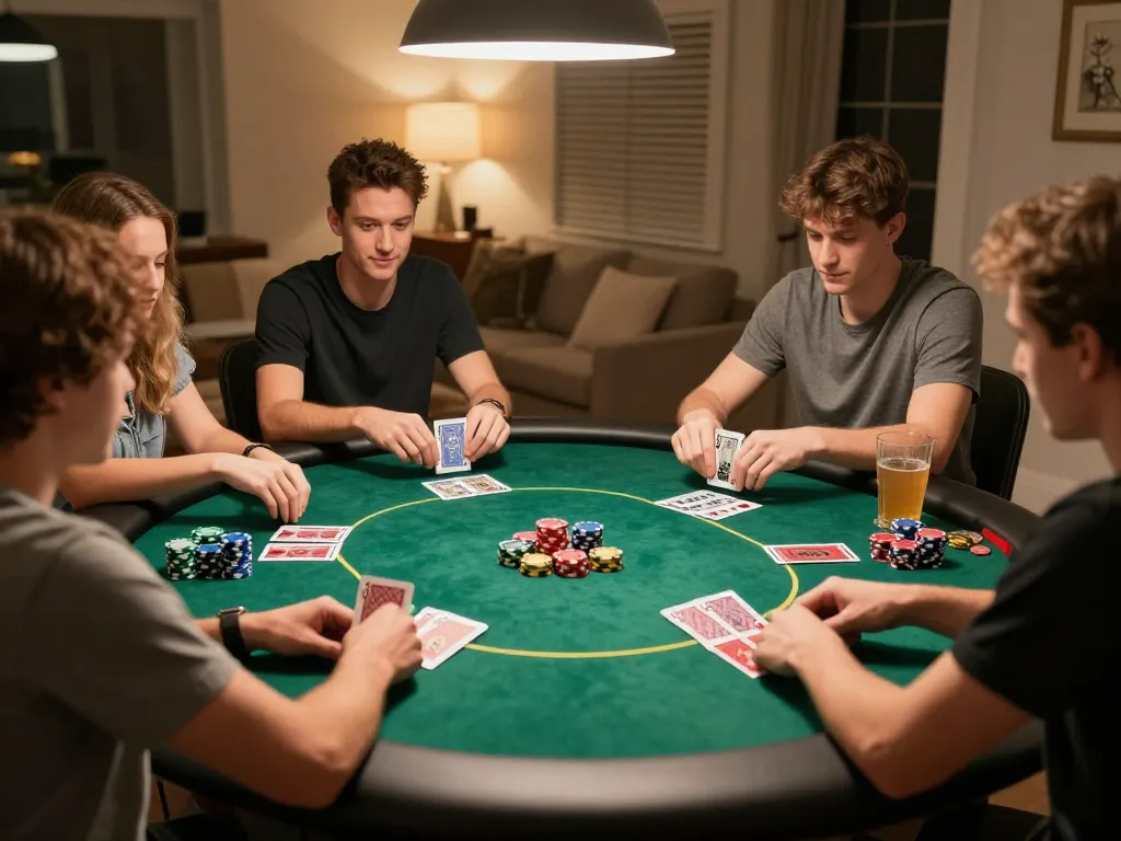 Players enjoying a friendly poker night at home, highlighting strategy, excitement, and the 388bet experience