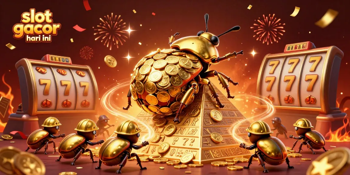 Engage with slot gacor hari ini through a vibrant scene of golden beetles and casino symbols.
