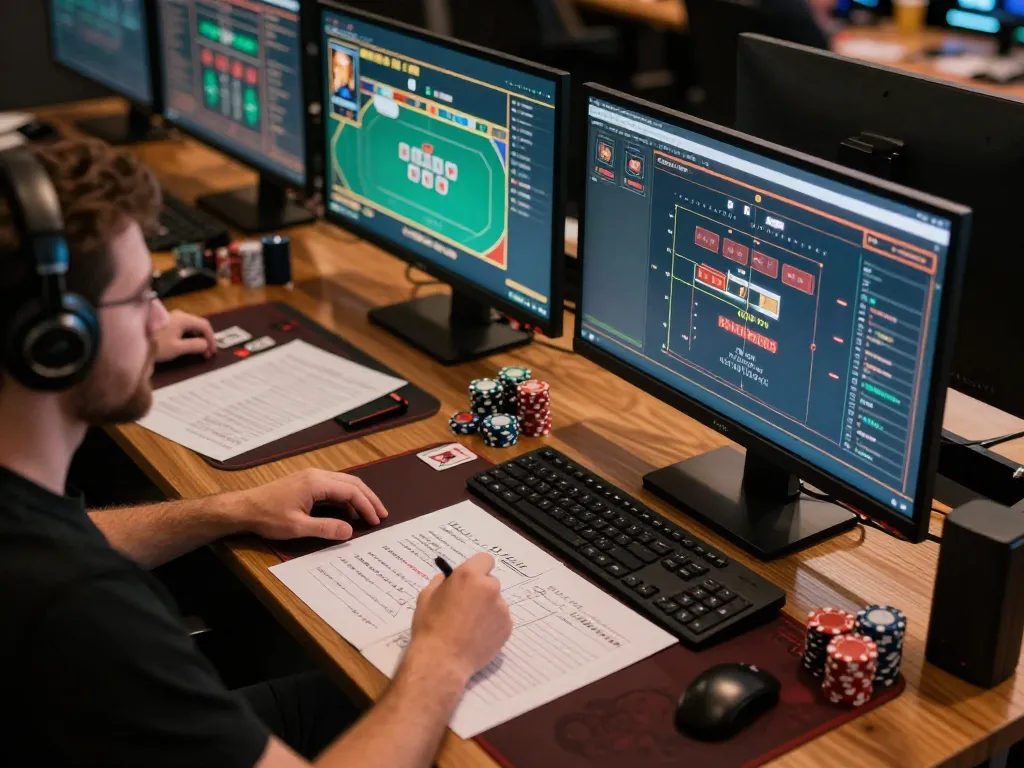 Experience ดูหนัง through dynamic online casino gameplay with multiple screens showcasing live games and strategic notes.