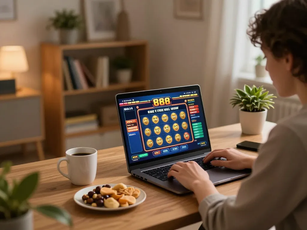 Playing slot88 online game on laptop in a cozy home atmosphere.