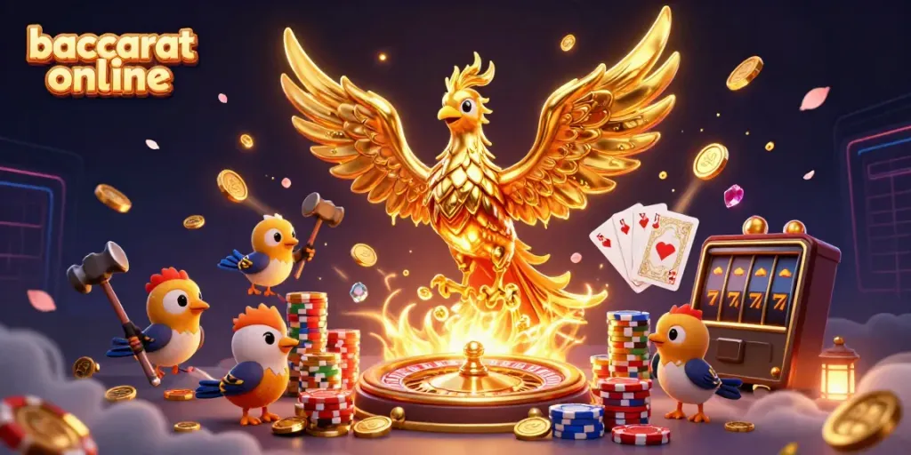Experience baccarat online with a dynamic scene featuring a golden phoenix and casino elements.