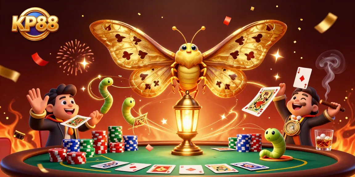 Engage in thrilling poker action at KP88, featuring a vibrant cartoon moth and dynamic casino elements.